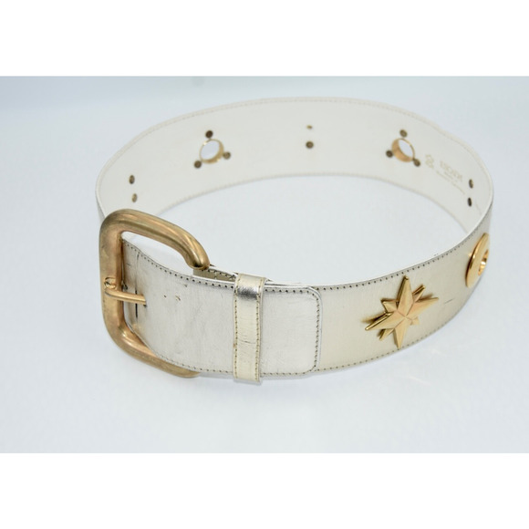 34Vintage Escada Champagne Metallic Gold Star Charm Leather Waist Belt 34